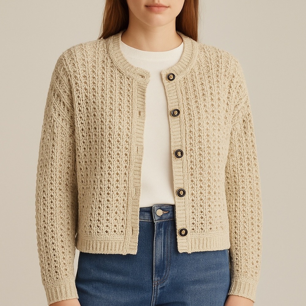 New Rachel Zoe Beige Gold Metallic Knit Cardigan Sweater Women L Heritage Preppy